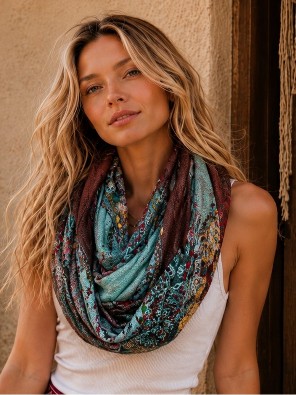 Raj Light Teal and Brown Floral Patterned Infinity Women's Scarf  Raj2